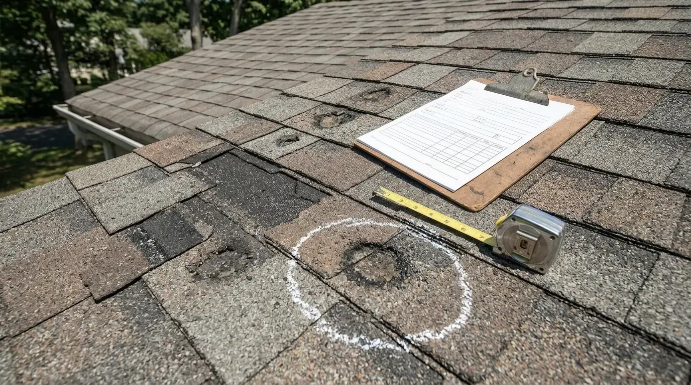 Homeowners insurance policy document with roof damage inspection notes