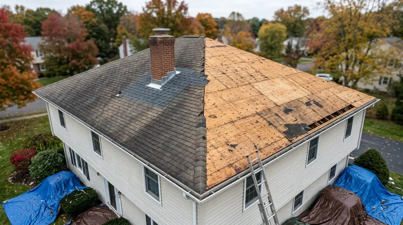 Roofer inspecting shingles to decide between repair and replacement